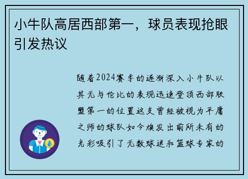 小牛队高居西部第一，球员表现抢眼引发热议