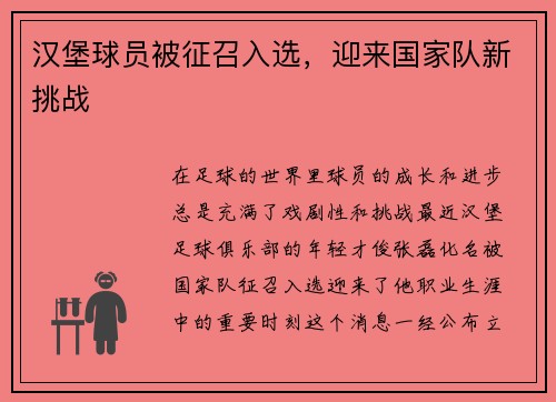 汉堡球员被征召入选，迎来国家队新挑战